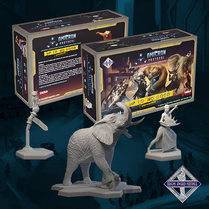 Omicron Protocol game boxes and three unpainted miniatures: an elephant, cat on pole, and a woman. Origins Award Nominee