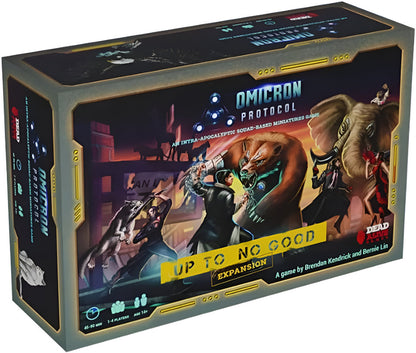 Omicron Protocol: Up to No Good Expansion board game box. Humanoids battle large mutant animals in a post-apocalyptic city
