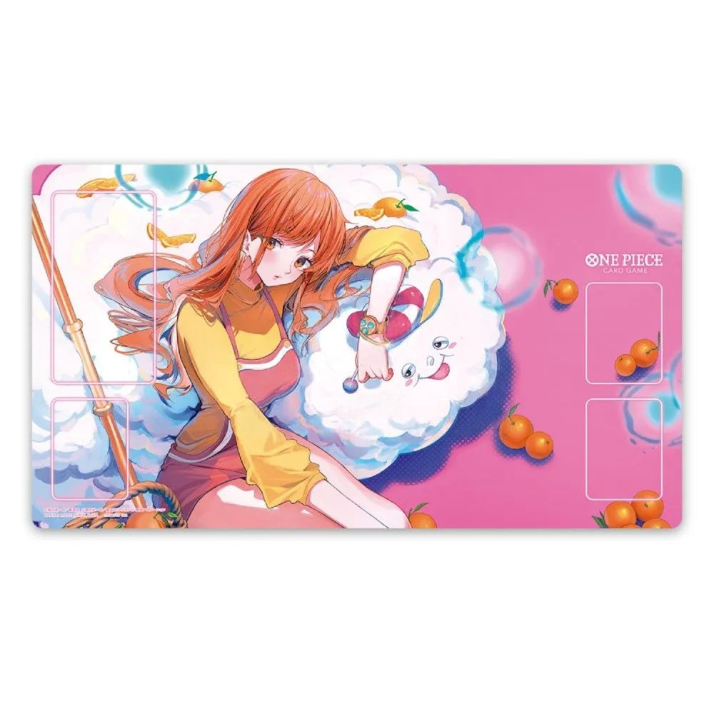 One Piece Card Game playmat with Nami. She reclines with her cloud companion Zeus, surrounded by oranges