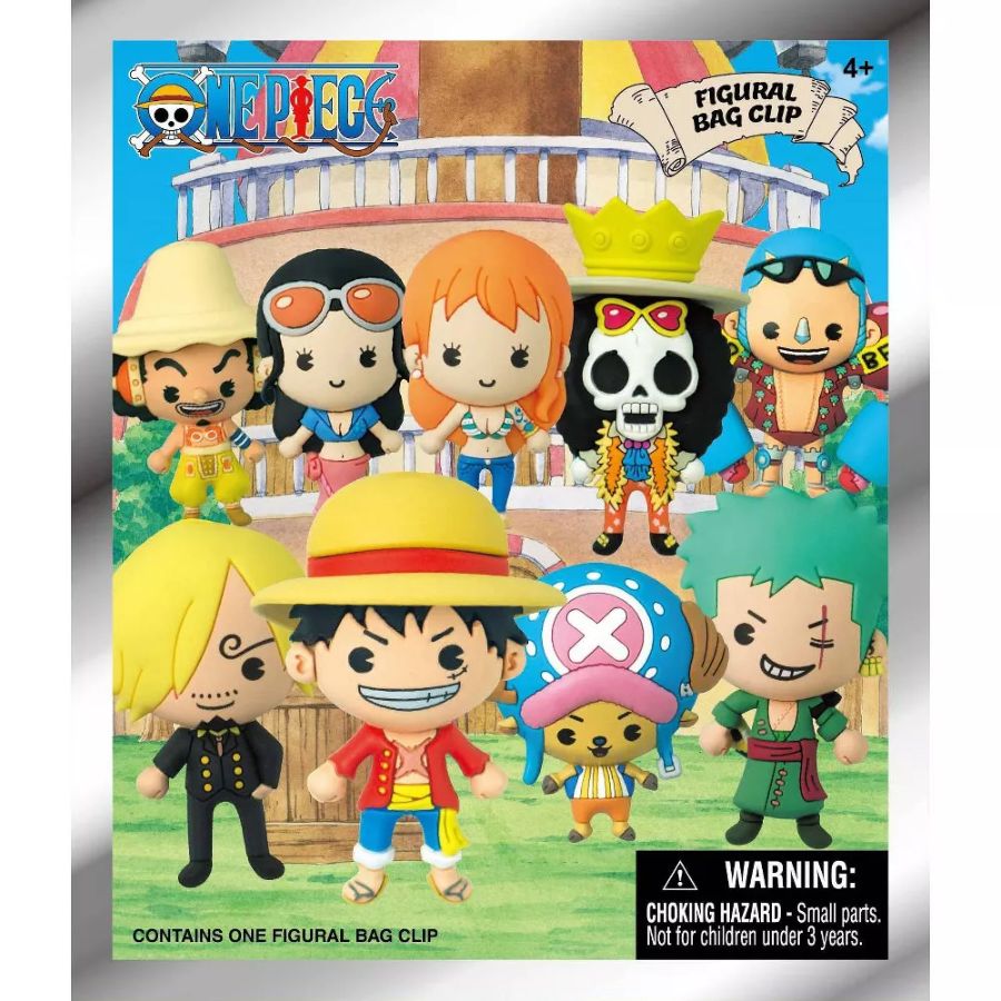 One Piece figural bag clips packaging, showing chibi characters: Luffy, Zoro, Nami, Sanji, Robin, Usopp, Brook, and Chopper