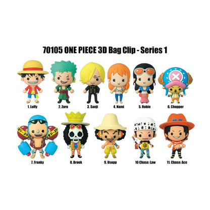 70105 One Piece 3D Bag Clip - Series 1, Eleven anime character clips: Luffy, Zoro, Sanji, Nami, Robin, Chopper, Franky, Brook, Usopp, Law, Ace