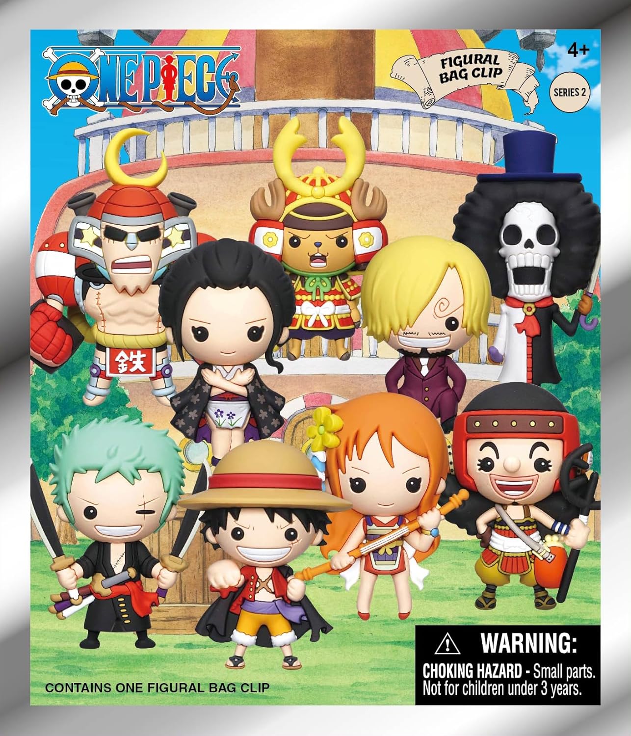 One Piece Series 2 figural bag clips featuring chibi versions of popular characters like Luffy, Zoro, Nami, and others, against a colourful ship deck background