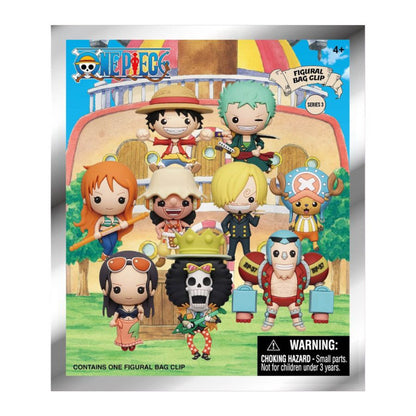 One Piece Figural Bag Clips Series 3 packaging shows nine chibi-style Straw Hat Pirates characters like Luffy, Zoro, and Nami, set against an anime background