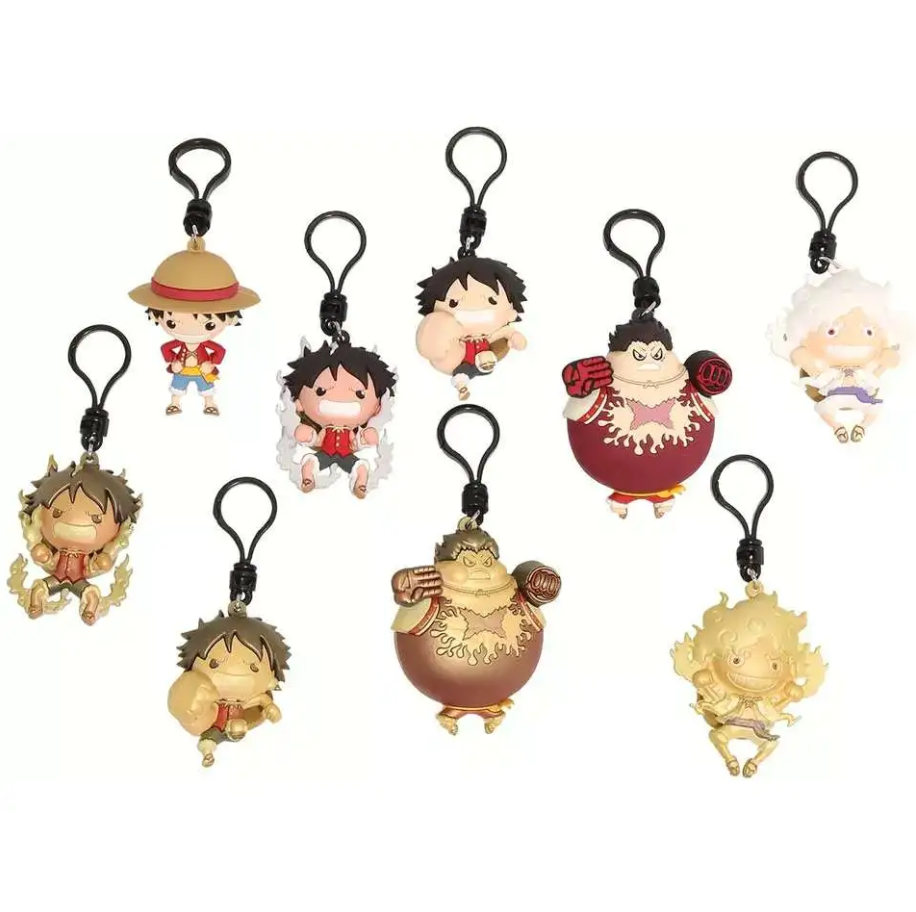 Nine One Piece Monkey D. Luffy chibi keychains, featuring his classic straw hat look and various Gear forms like Gear 2, Gear 3, Gear 4, and Gear 5 Nika