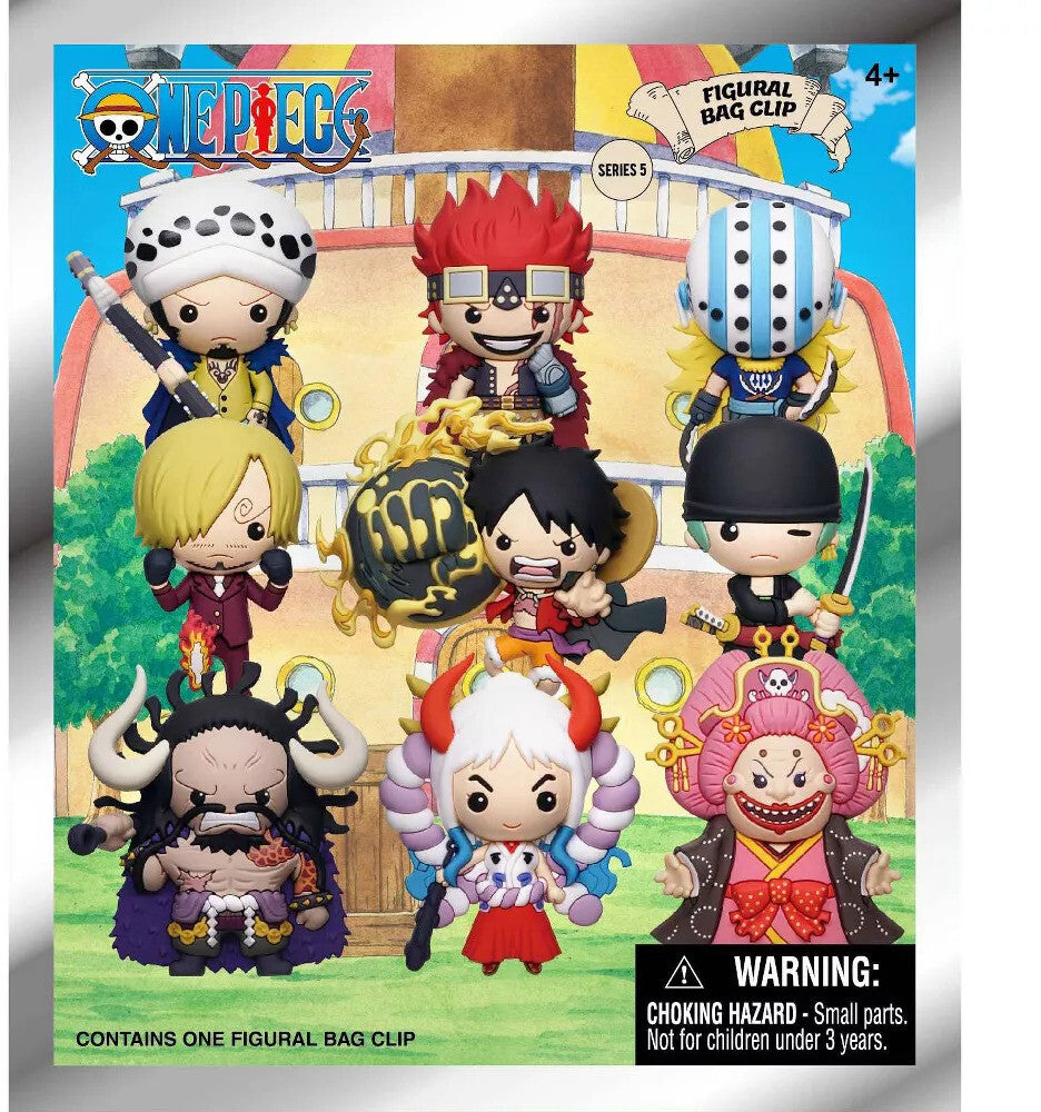 One Piece Figural Bag Clip Series 5 featuring chibi figures of Law, Kid, Sanji, Luffy, Zoro, Kaido, Yamato, and Big Mom