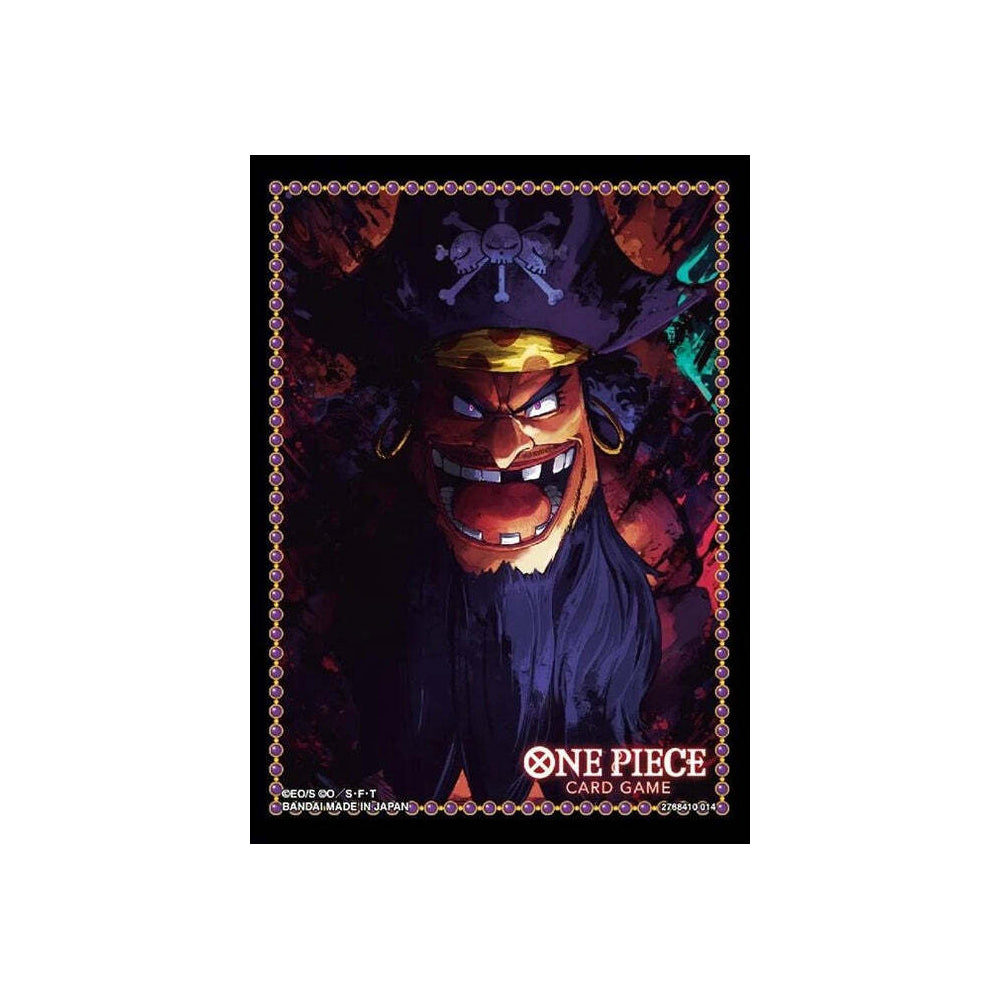 One Piece Card Game art: Blackbeard, a menacing pirate with a wide, toothy grin, black hat with skull and crossbones, gold earrings, and dark beard