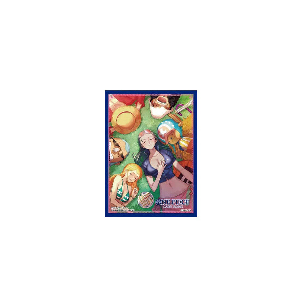 One Piece Nami and Nico Robin lying relaxed outdoors with other Straw Hat crew members in a summer scene