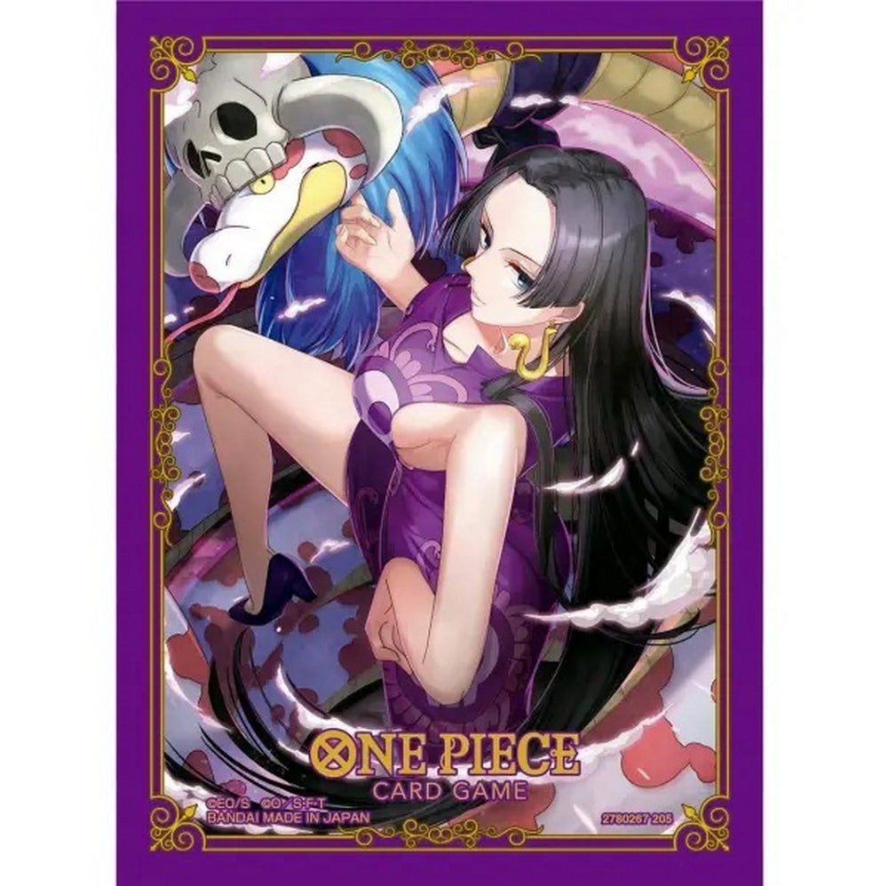Dynamic illustration of Boa Hancock and her snake Salome on a purple One Piece Card Game sleeve