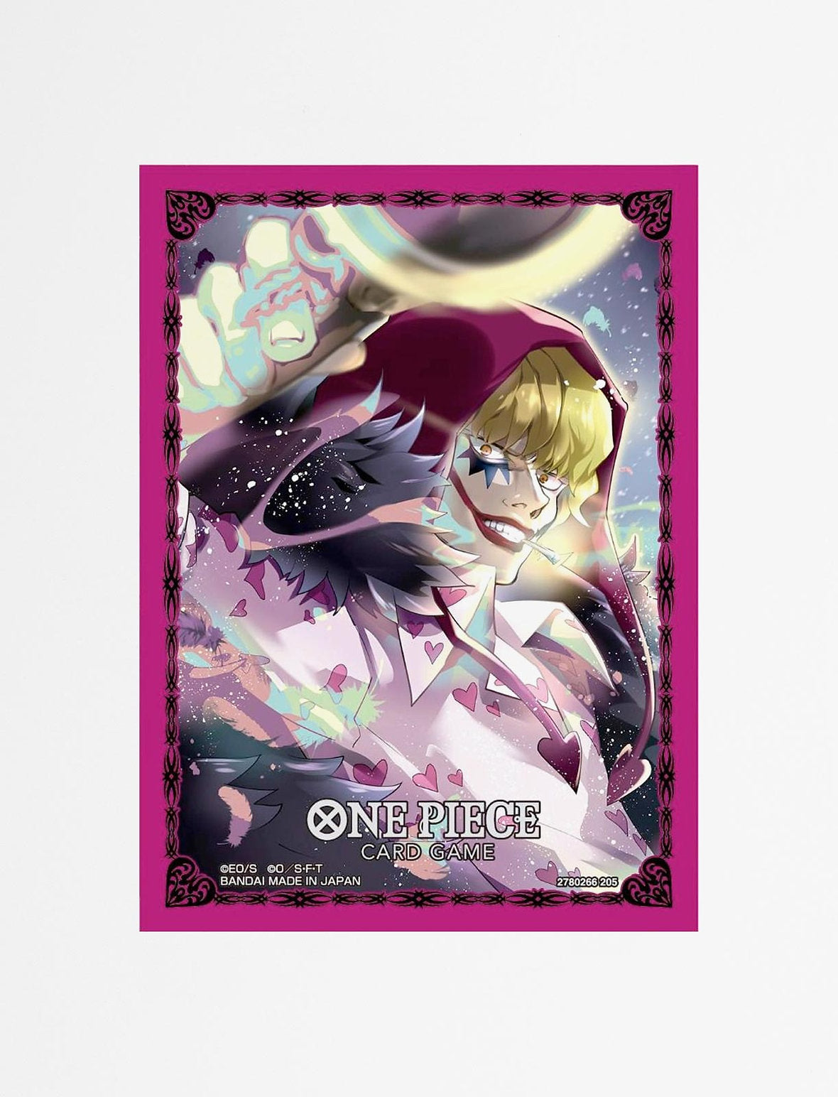 Illustrated Doflamingo, the blonde villain with clown makeup, grinning widely on a pink One Piece Card Game sleeve