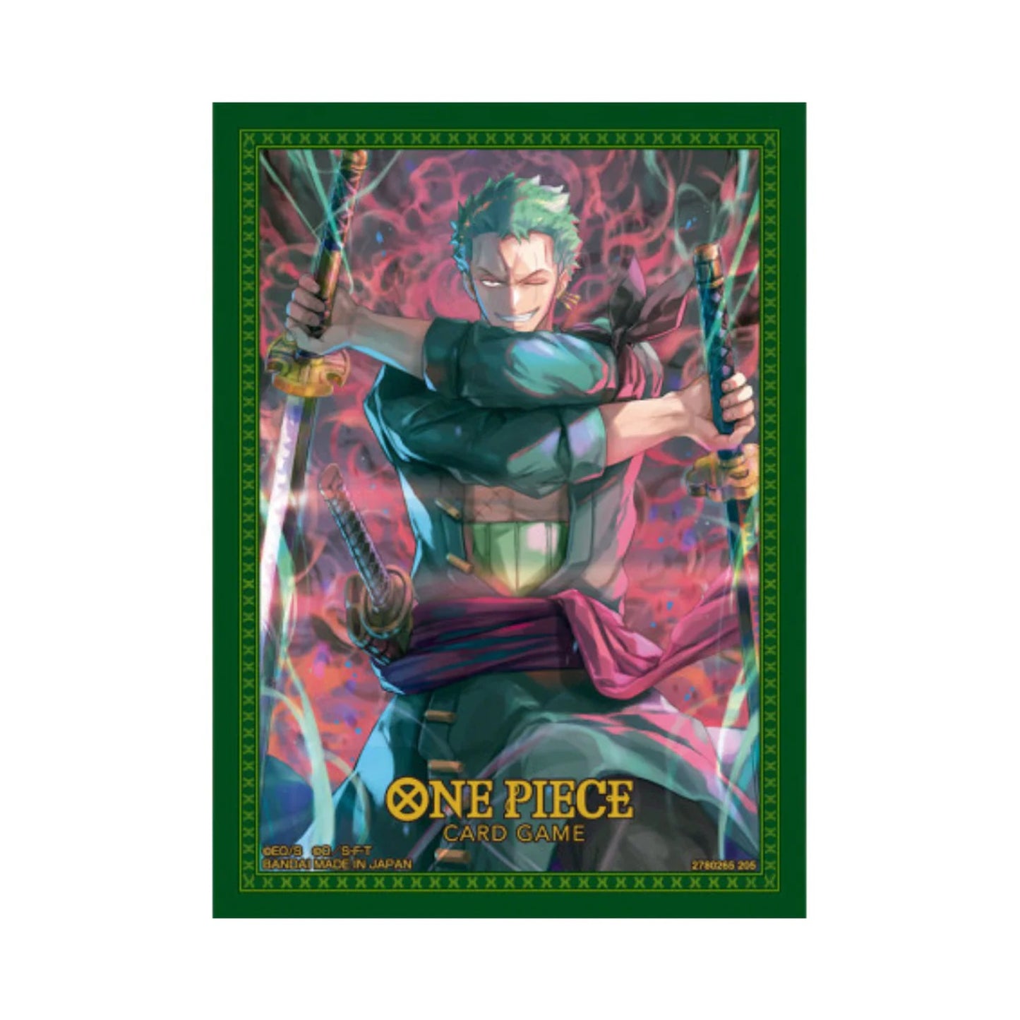 One Piece Card Game art showing Roronoa Zoro intensely posing, crossing two swords