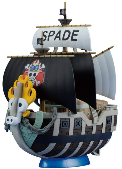 Model of a pirate ship with "SPADE" on a white sail, a fiery skull emblem on a black sail and a flaming horse figurehead