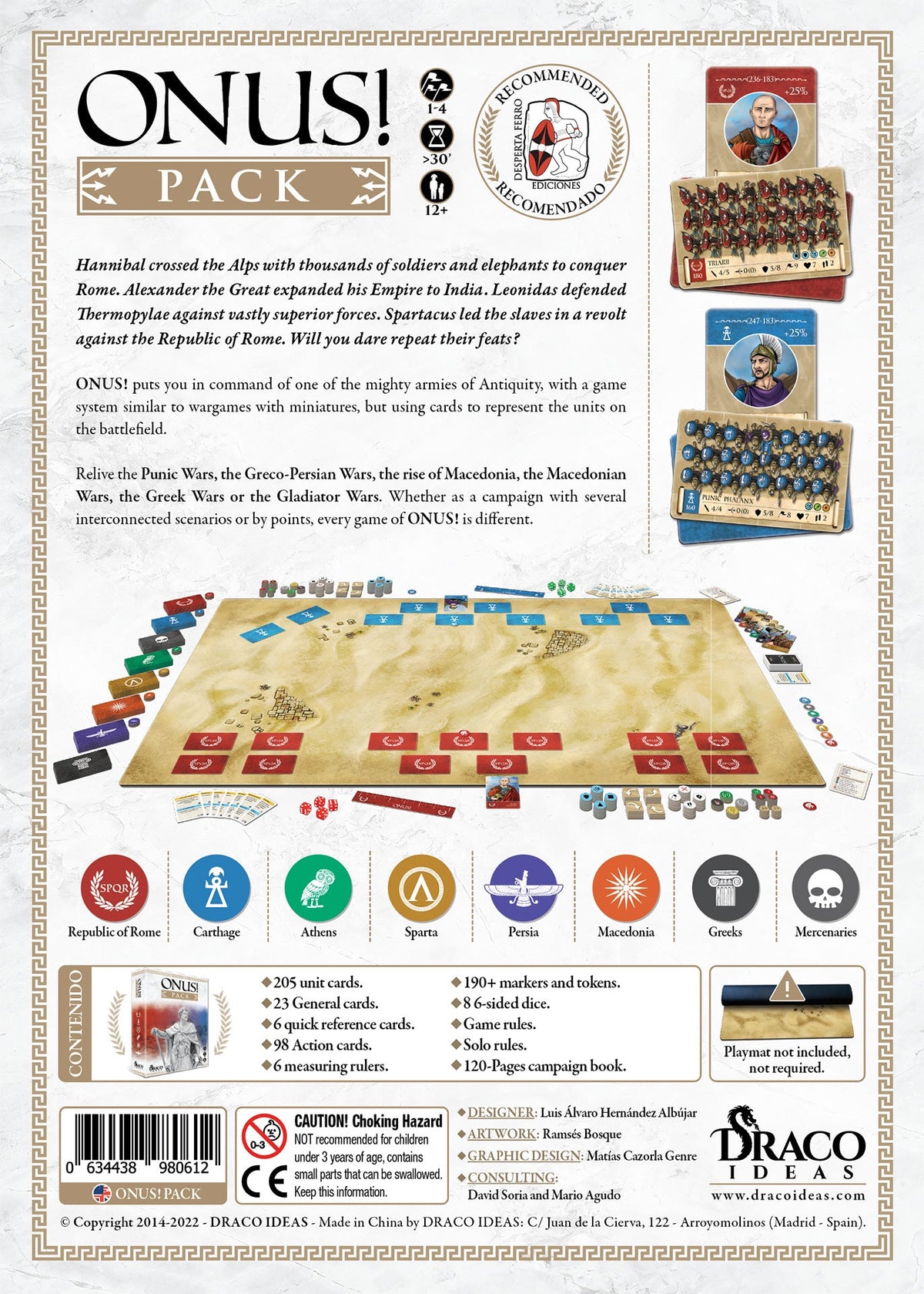 Back of the Onus!: Pack box, featuring game components like character cards, unit cards, dice, and a rulebook, displayed over a parchment-like background with game text descriptions