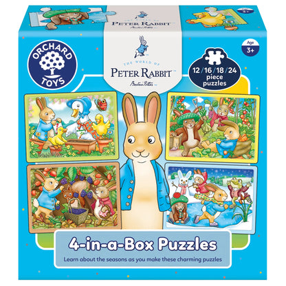 Orchard Toys Peter Rabbit 4-in-a-Box Puzzles set showing scenes of the characters during the four seasons