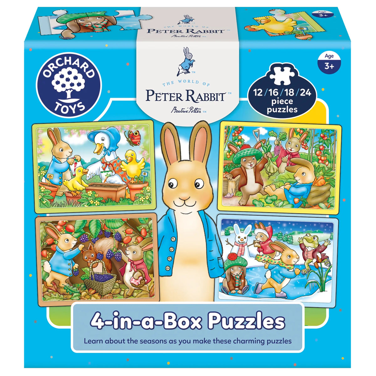 Orchard Toys Peter Rabbit 4-in-a-Box Puzzles set showing scenes of the characters during the four seasons