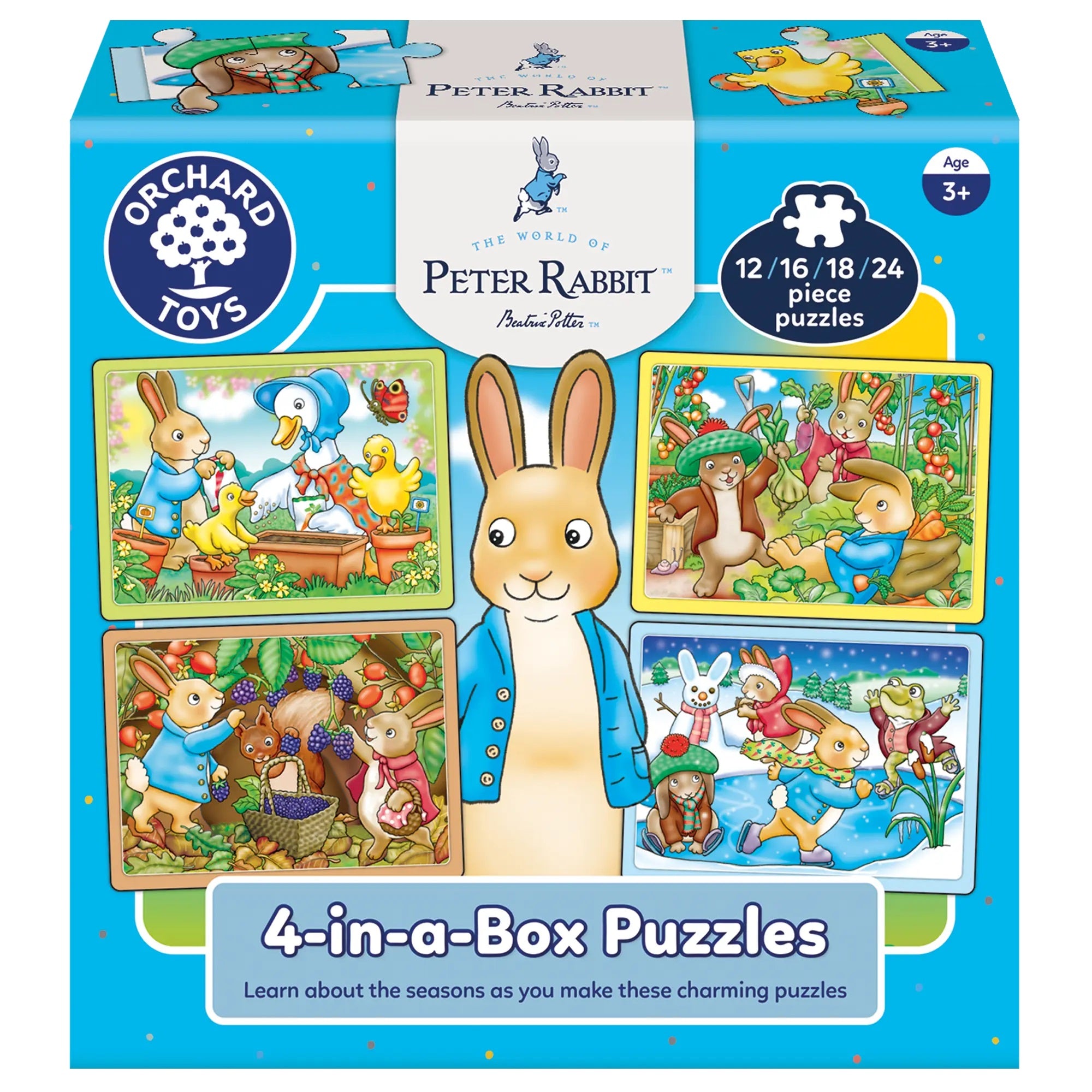 Orchard Toys Peter Rabbit 4-in-a-Box Puzzles set showing scenes of the characters during the four seasons
