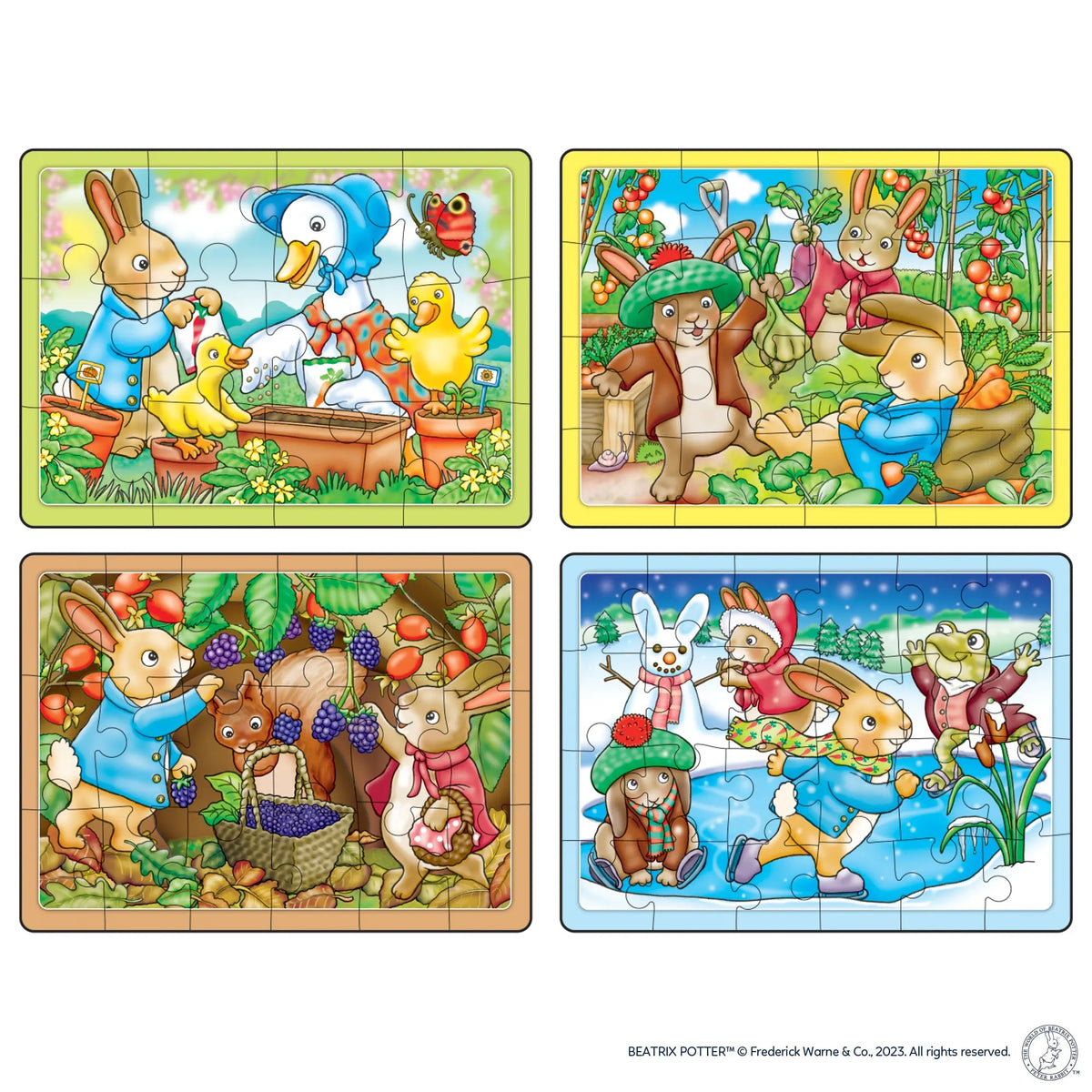 Four Beatrix Potter puzzles featuring Peter Rabbit and friends gardening, harvesting, and ice skating