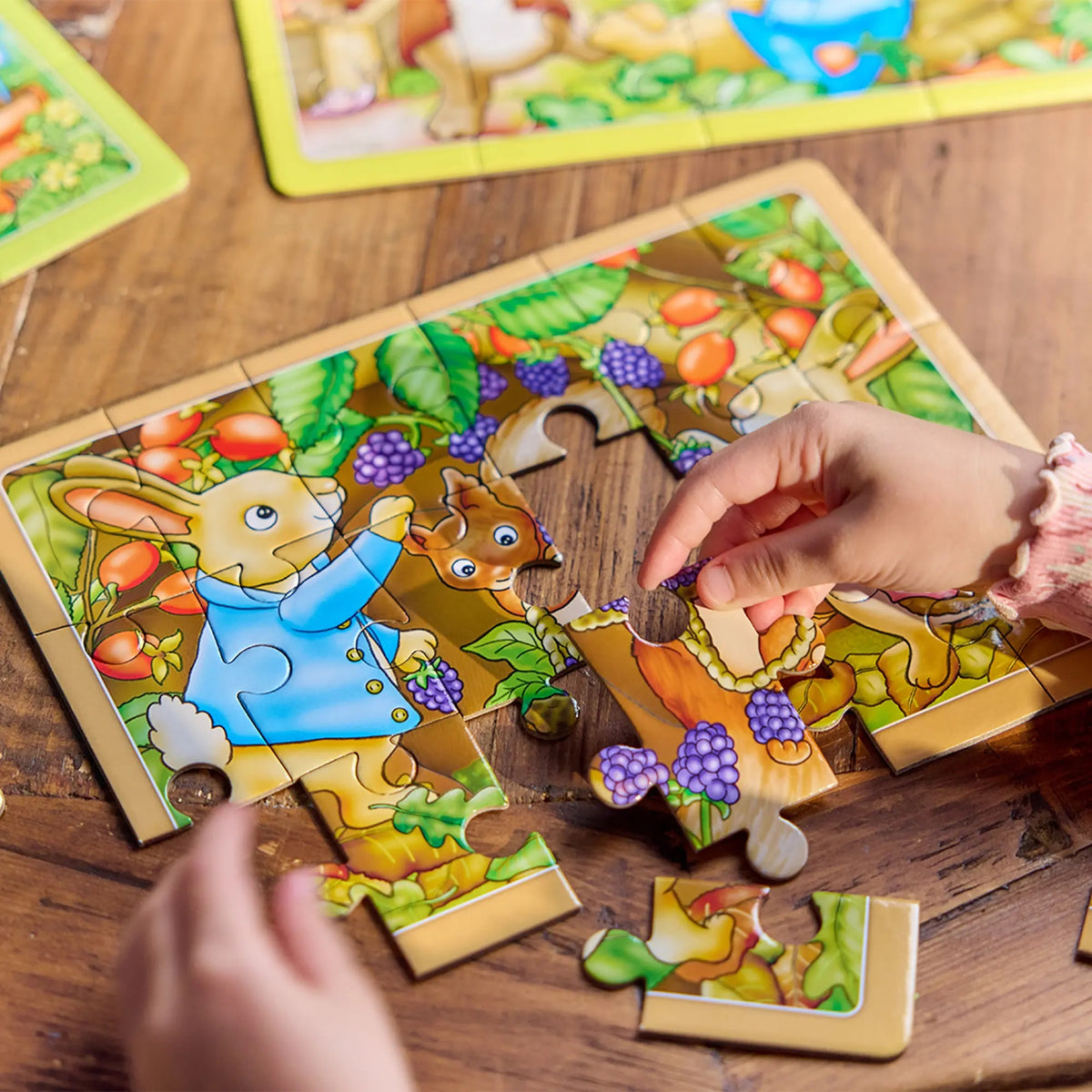 Child assembling a colorful Peter Rabbit jigsaw puzzle depicting woodland characters and berries