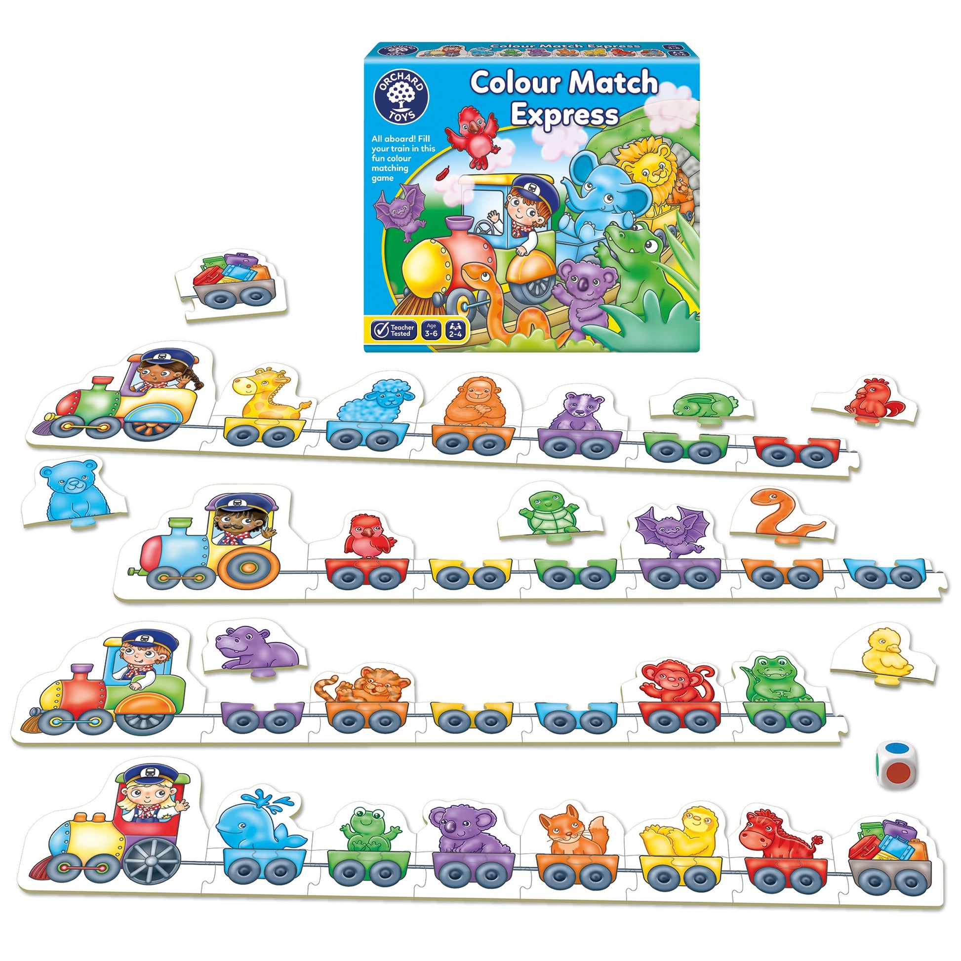 Colour Match Express game box and components: train engines with drivers, carriages carrying colorful animals and a die