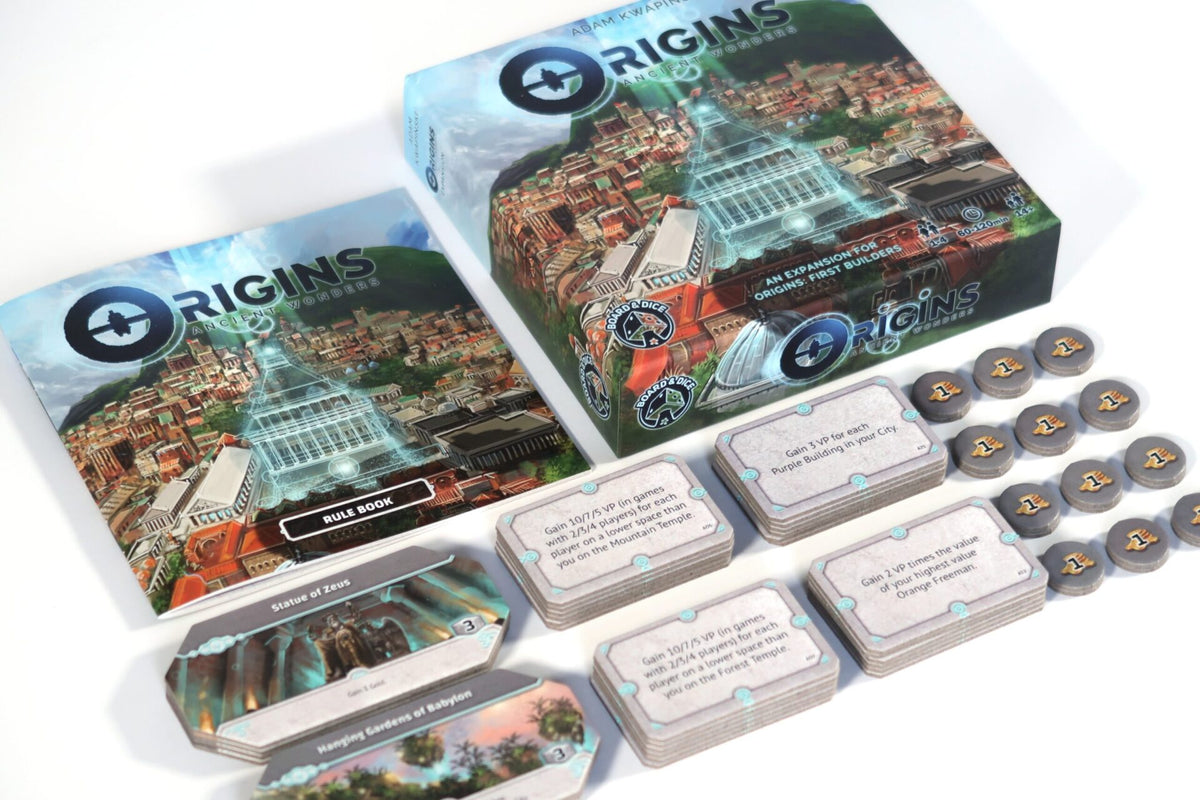 Origins: Ancient Wonders game components including cards and tokens