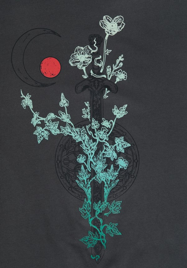 Dark sword covered in teal flora. Red orb and crescent moon in the top left against a dark background