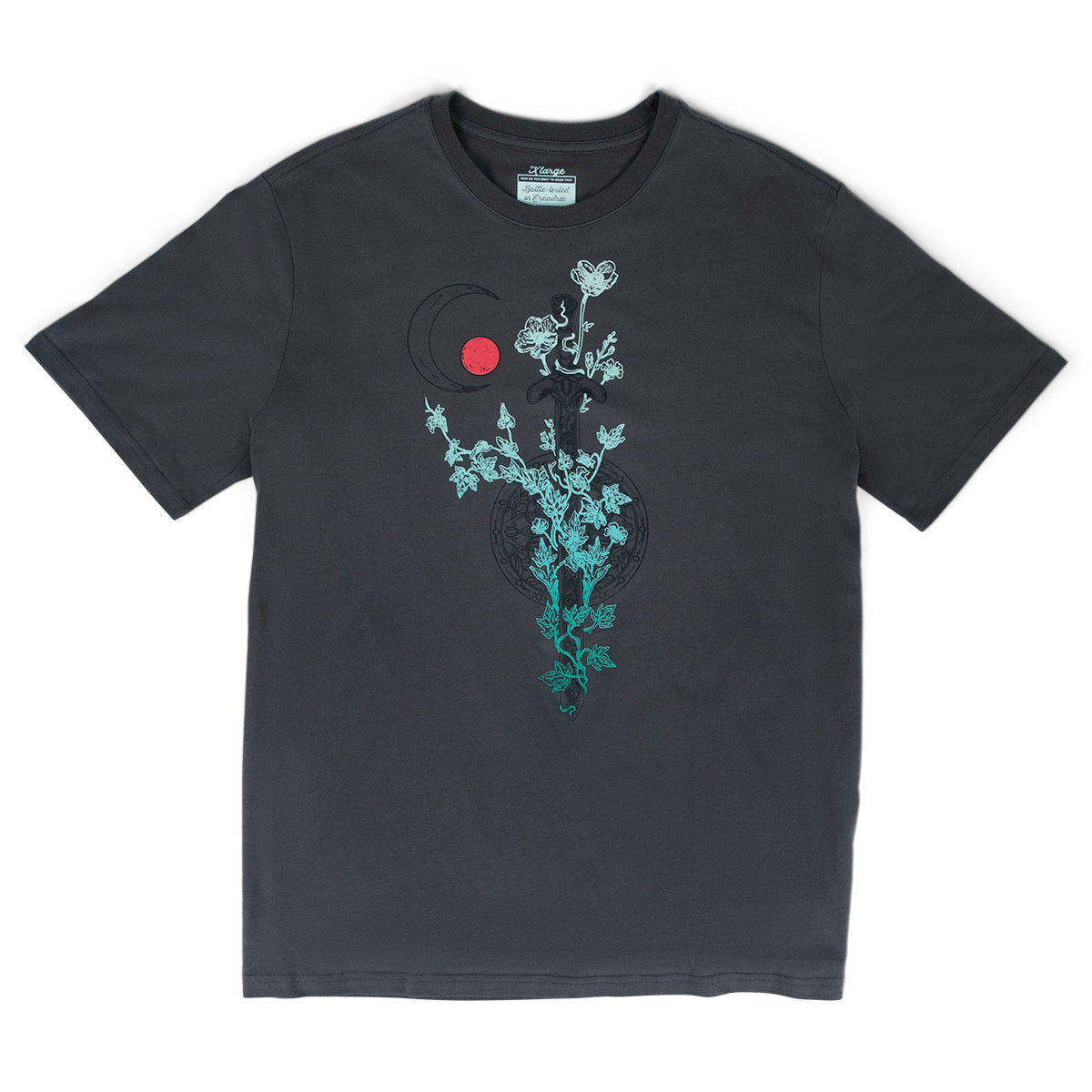 Dark grey Orym Of The Air Ashari T-shirt with a teal vine and flowers wrapped around a sword, plus a red circle, moon outline, and mandala