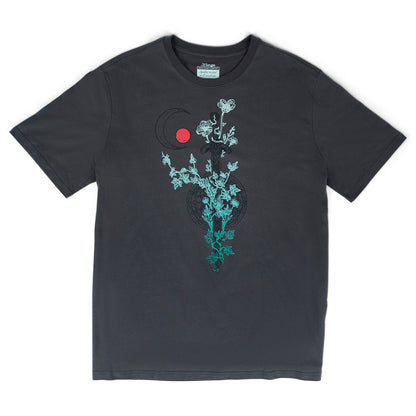 Dark grey Orym Of The Air Ashari T-shirt with a teal vine and flowers wrapped around a sword, plus a red circle, moon outline, and mandala