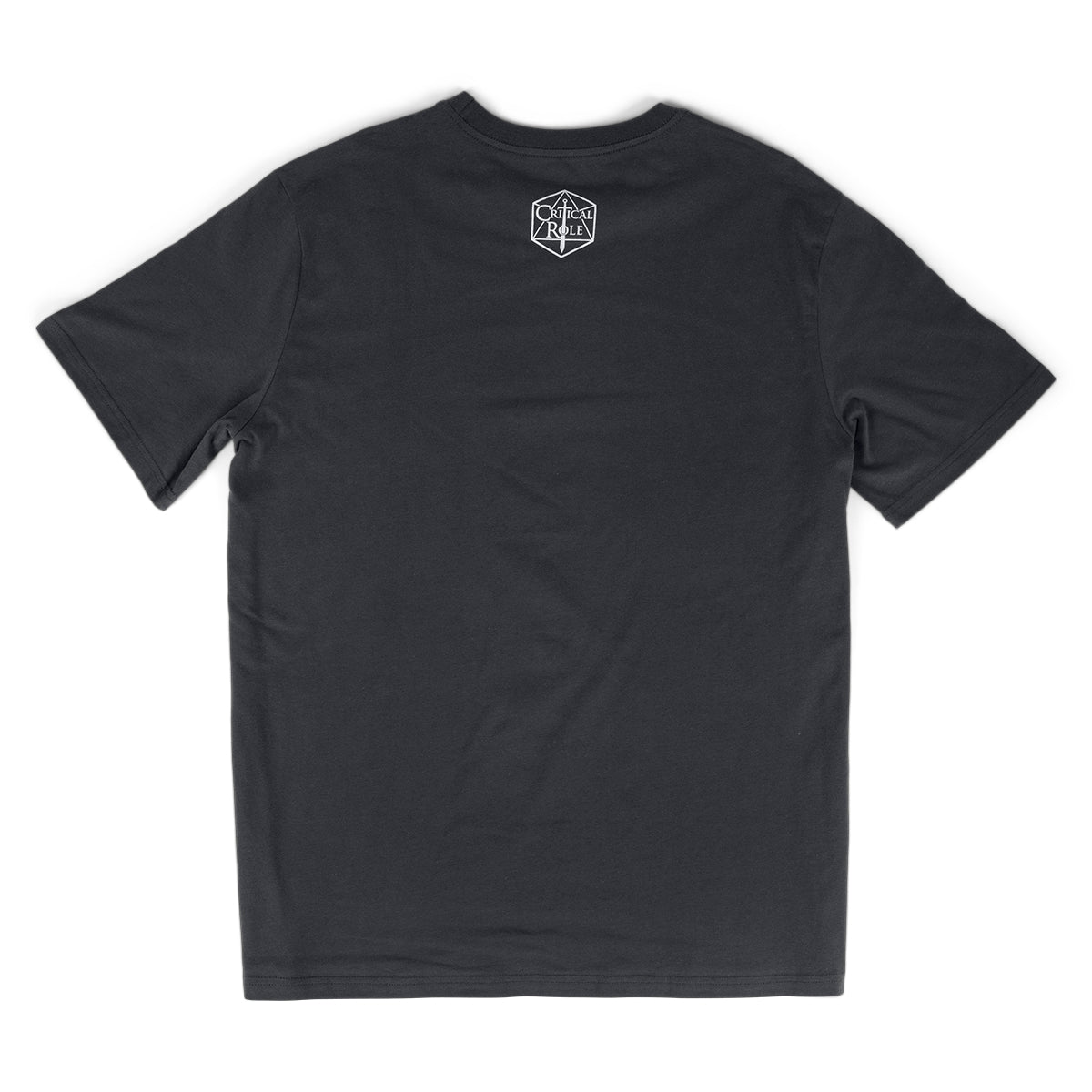Back of a dark grey t-shirt with a white Critical Role logo centered below the collar