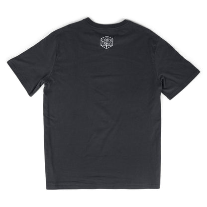 Back of a dark grey t-shirt with a white Critical Role logo centered below the collar