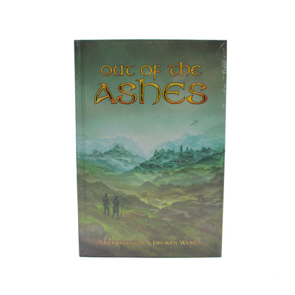 Shrink-wrapped Out Of The Ashes Adventures in a Broken World book with a cover illustration of two figures in a desolate landscape of ruins