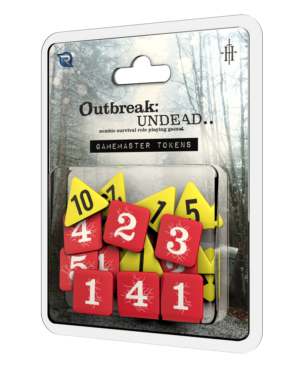Outbreak UNDEAD zombie survival role playing game with yellow triangular and red square gamemaster tokens