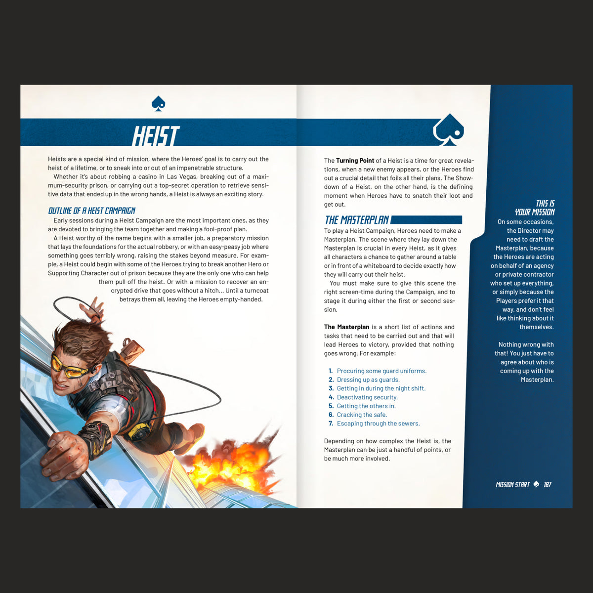 Outgunned RPG Core Rulebook 4 page showing a detailed illustration of a hero rappelling from a building with explosions accompanying text describes Heist missions Masterplan guidelines and campaign outlines for tabletop role-playing games