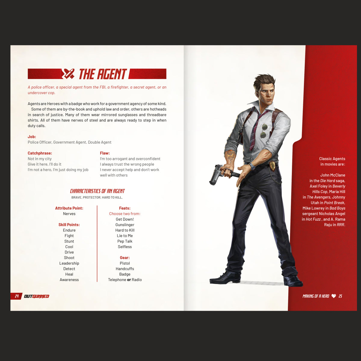 Outgunned RPG Core Rulebook 2 showing a page spread with The Agent character class featuring a male agent in a white shirt and tie holding a pistol along with detailed game mechanics like job catchphrase flaws attributes skills feats and gear