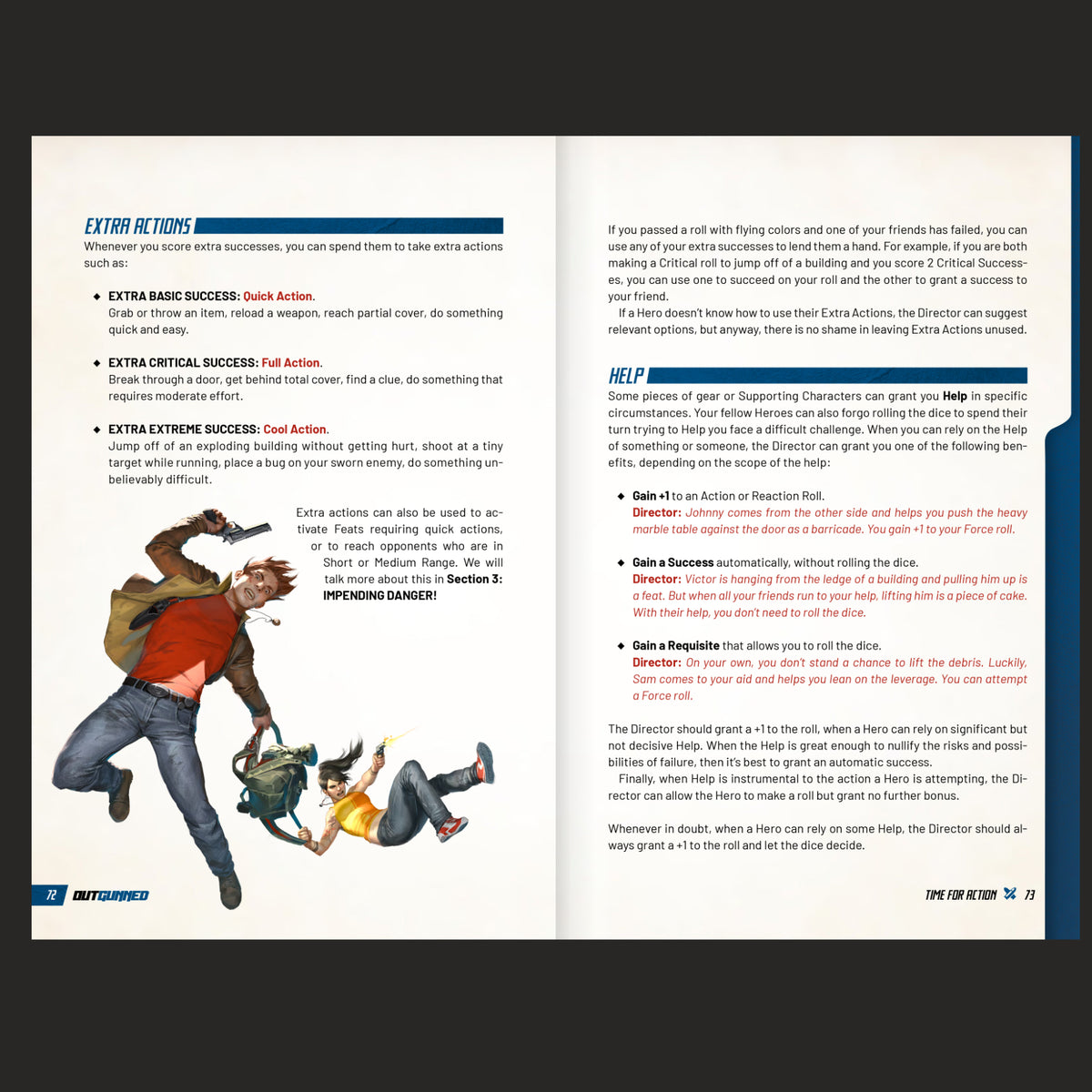 Outgunned RPG Core Rulebook 8 open to pages detailing extra actions help mechanics and character artwork for tabletop role-playing game players
