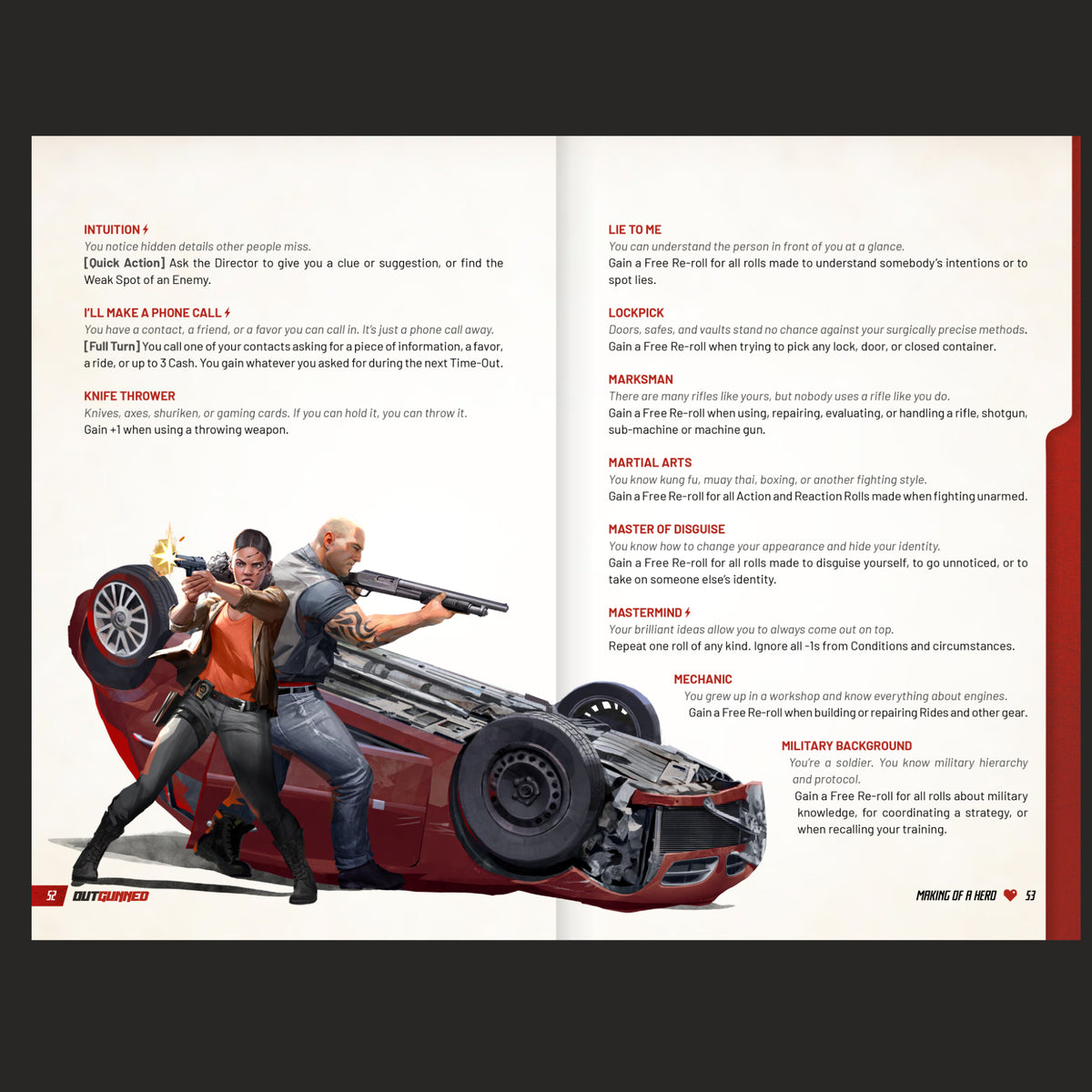 Outgunned RPG Core Rulebook 7 open to character skills pages displaying Intuition I&#39;ll Make a Phone Call and Knife Thrower abilities on the left opposite Lie to Me Lockpick Marksman Martial Arts Master of Disguise Mastermind Mechanic and Military Background on the right The pages feature a dynamic illustration of two action heroes a woman aiming a pistol and a man with a shotgun next to an overturned red sports car providing visual flair for role-playing game players