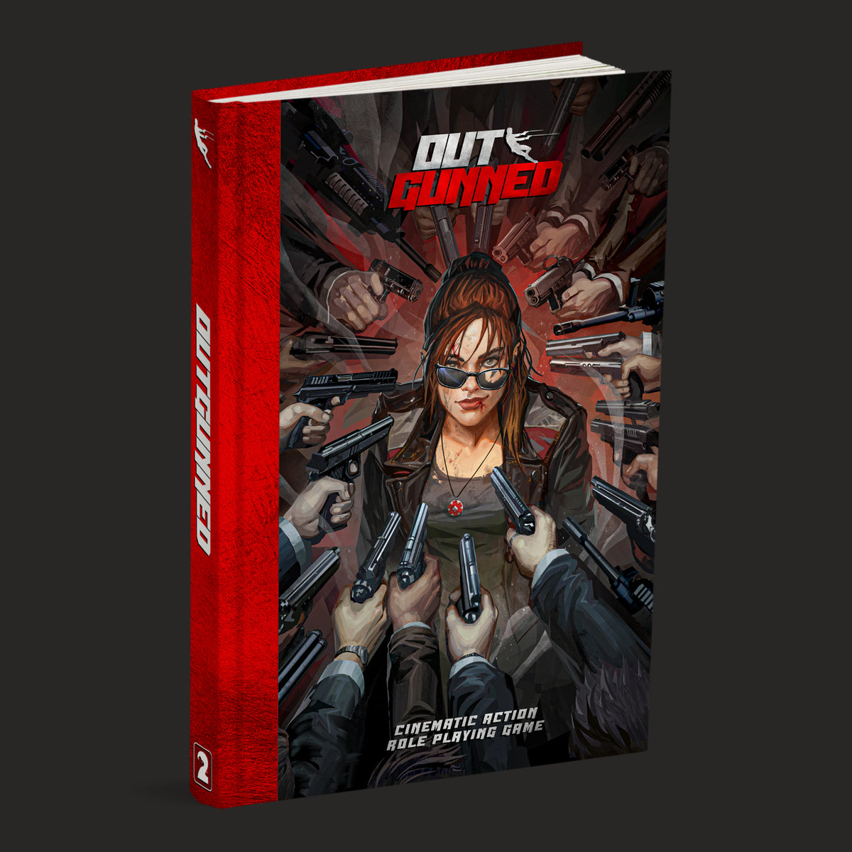 Outgunned RPG Core Rulebook 1 standing upright featuring a woman in sunglasses surrounded by multiple hands holding various guns against a red and black background showcasing cinematic action role playing game details