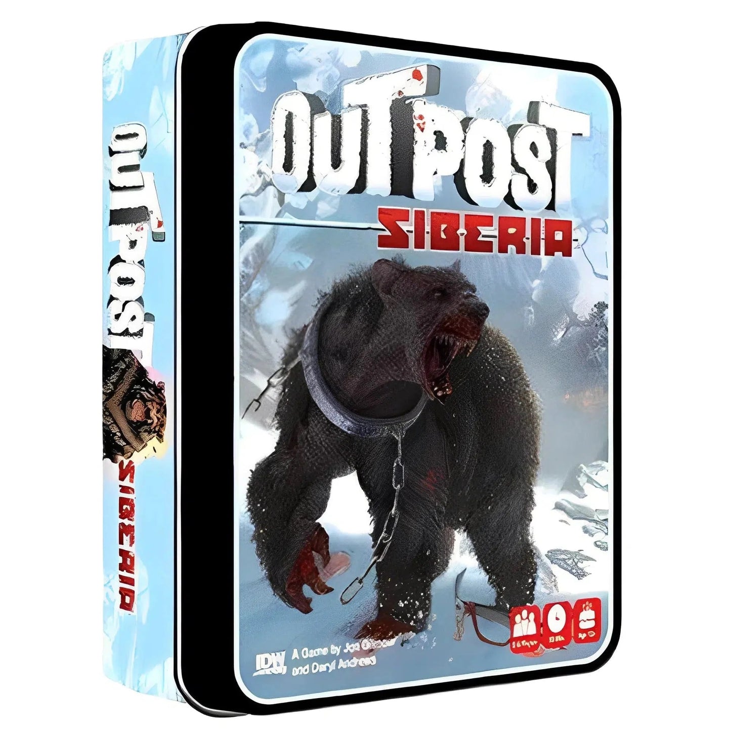 Outpost Siberia - Card game in Tin showing a snarling, chained, bloody bear in a snow-covered environment