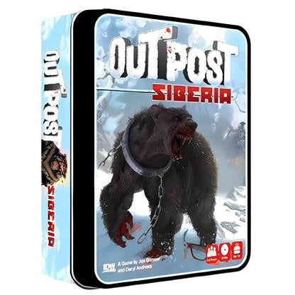 Outpost Siberia - Card game in Tin showing a snarling, chained, bloody bear in a snow-covered environment