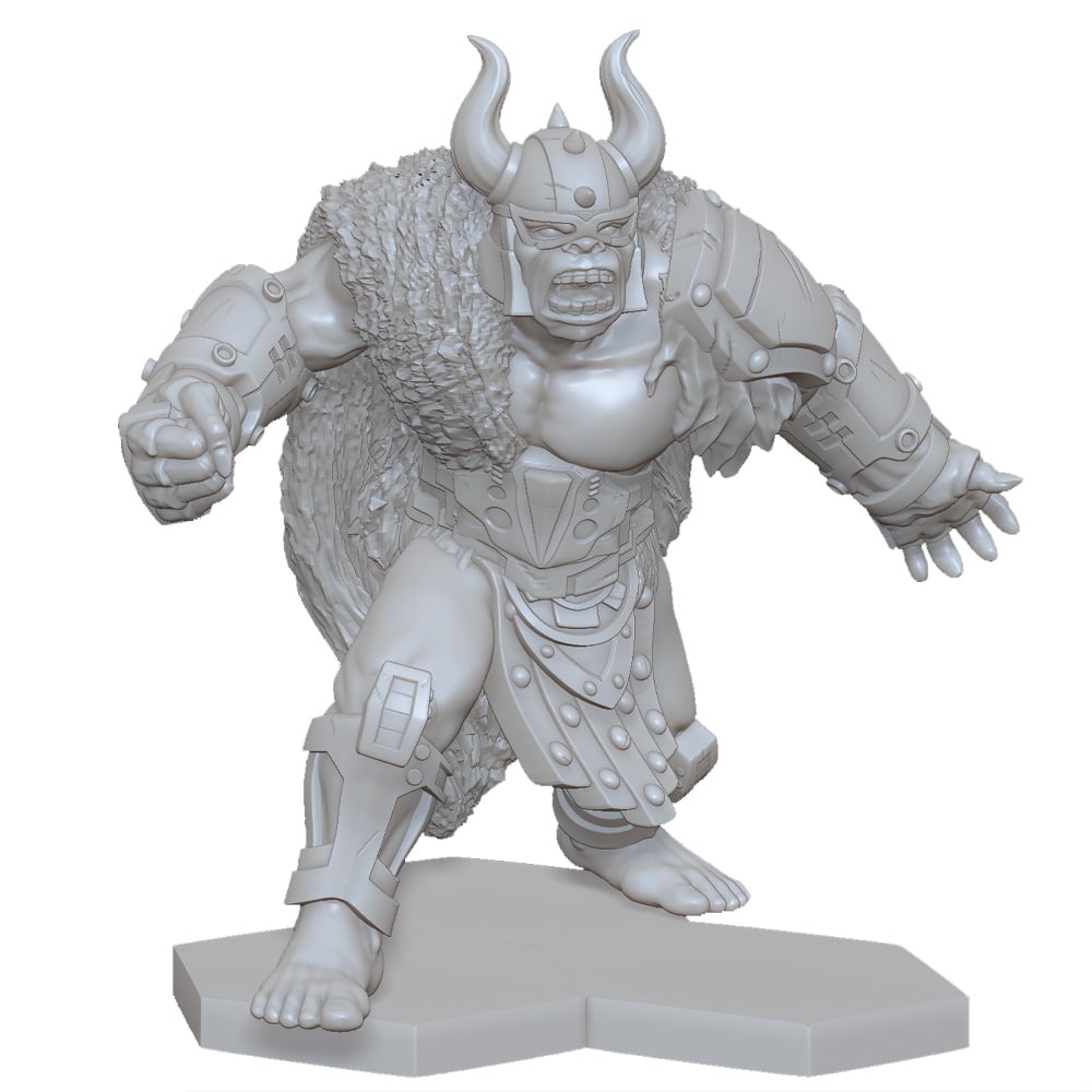 Side view of Viking miniature mid-stride with raised weapon, set on a game base