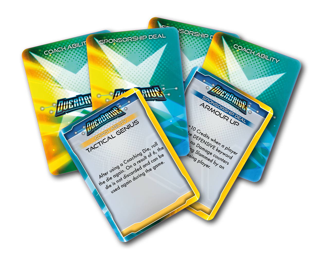 An angled stack of five colorful game cards with Overdrive branding and titles like Coach Ability and Sponsorship Deal visible