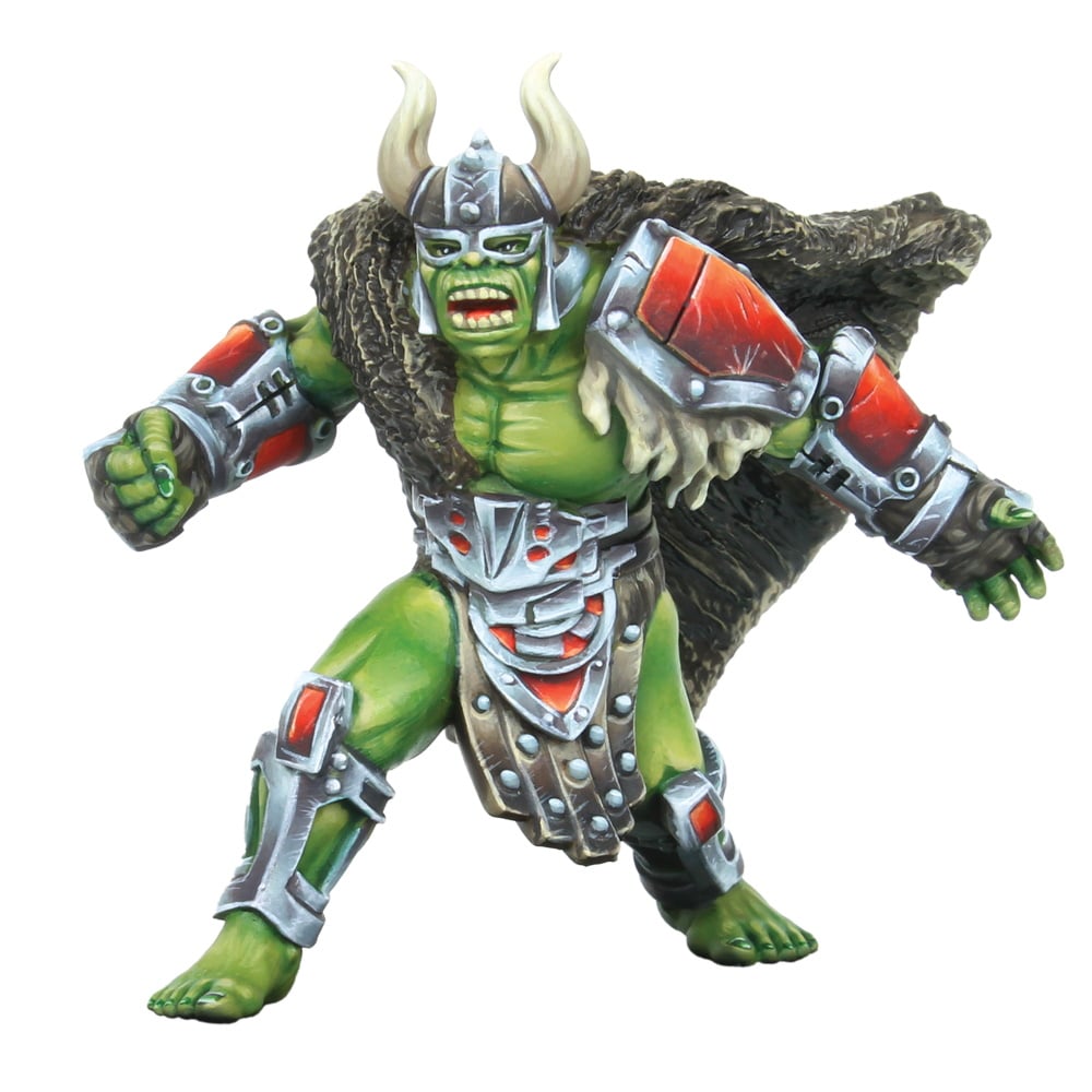 Close-up of the Viking miniature in an aggressive stance with axe and shield