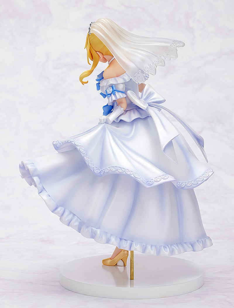 Anime-style figurine of a blonde woman in a flowing white wedding dress with blue accents and a long veil, twirling on a white stand.