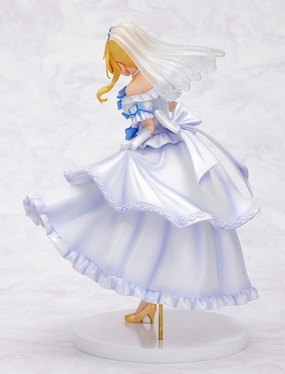 Anime-style figurine of a blonde woman in a flowing white wedding dress with blue accents and a long veil, twirling on a white stand.