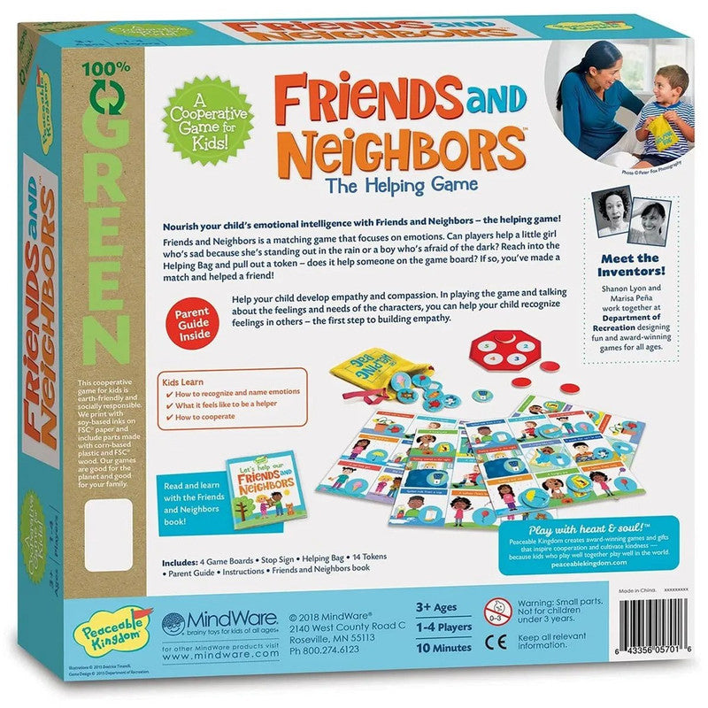 Peaceable Kingdom Friends and Neighbors The Helping Game box showing game components and features for ages 3 and up