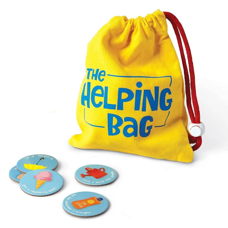 Yellow fabric drawstring bag with The Helping Bag in blue letters and several colorful game tokens depicting activities