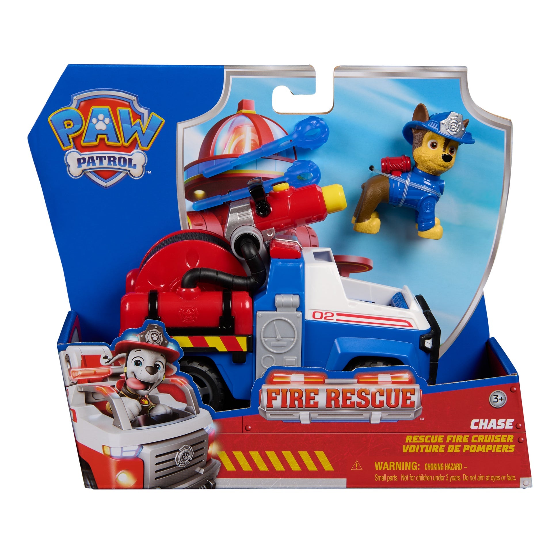 Paw Patrol Chase Rescue Fire Cruiser toy in packaging, includes blue and white fire cruiser with water cannon, and Chase dog figure in blue uniform and helmet