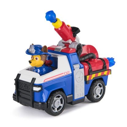 Paw Patrol Chase in blue & white rescue vehicle with red water cannon, '02' on side, yellow hazard stripes