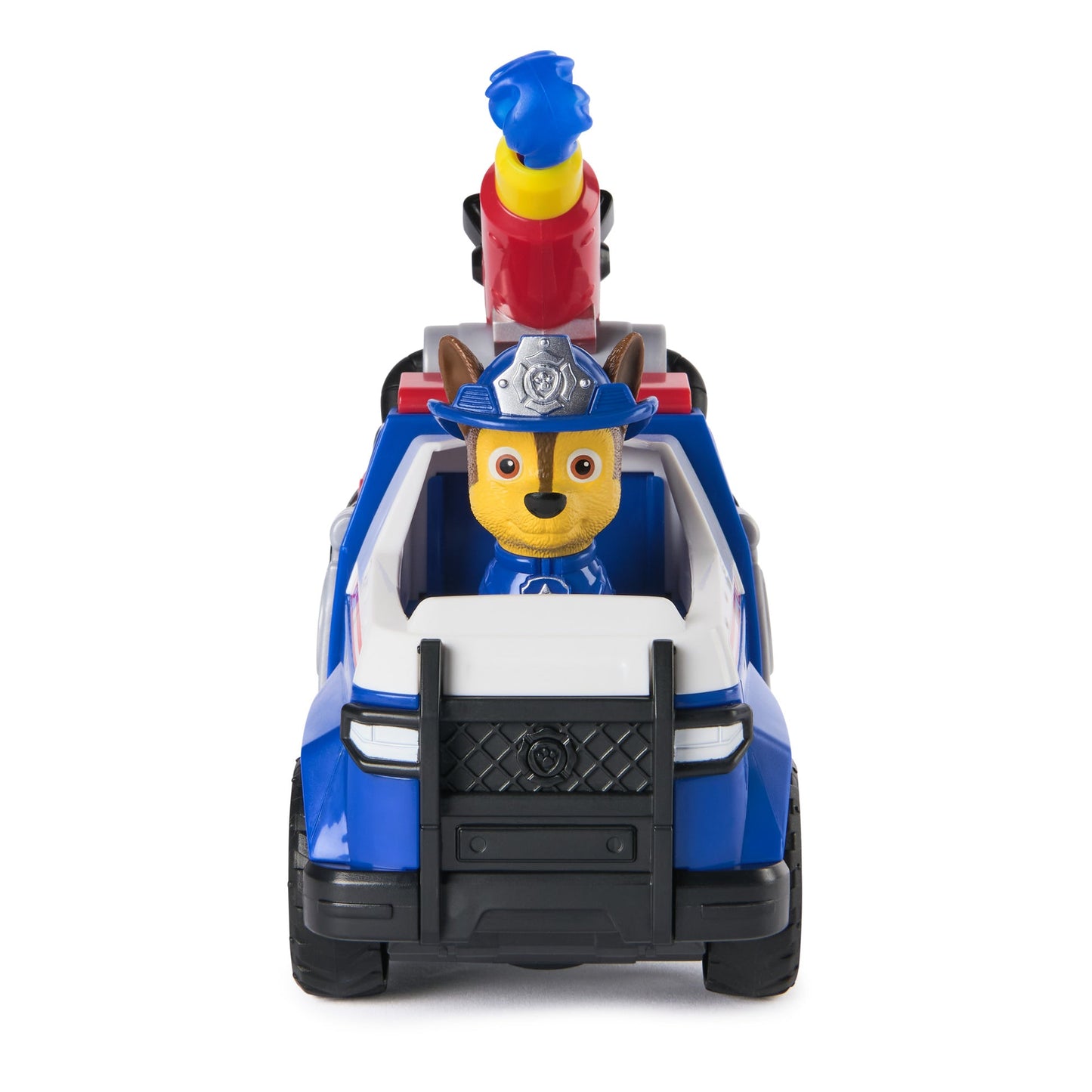 Paw Patrol Chase toy in blue and white fire truck with a water cannon, chase wears a firefighter hat