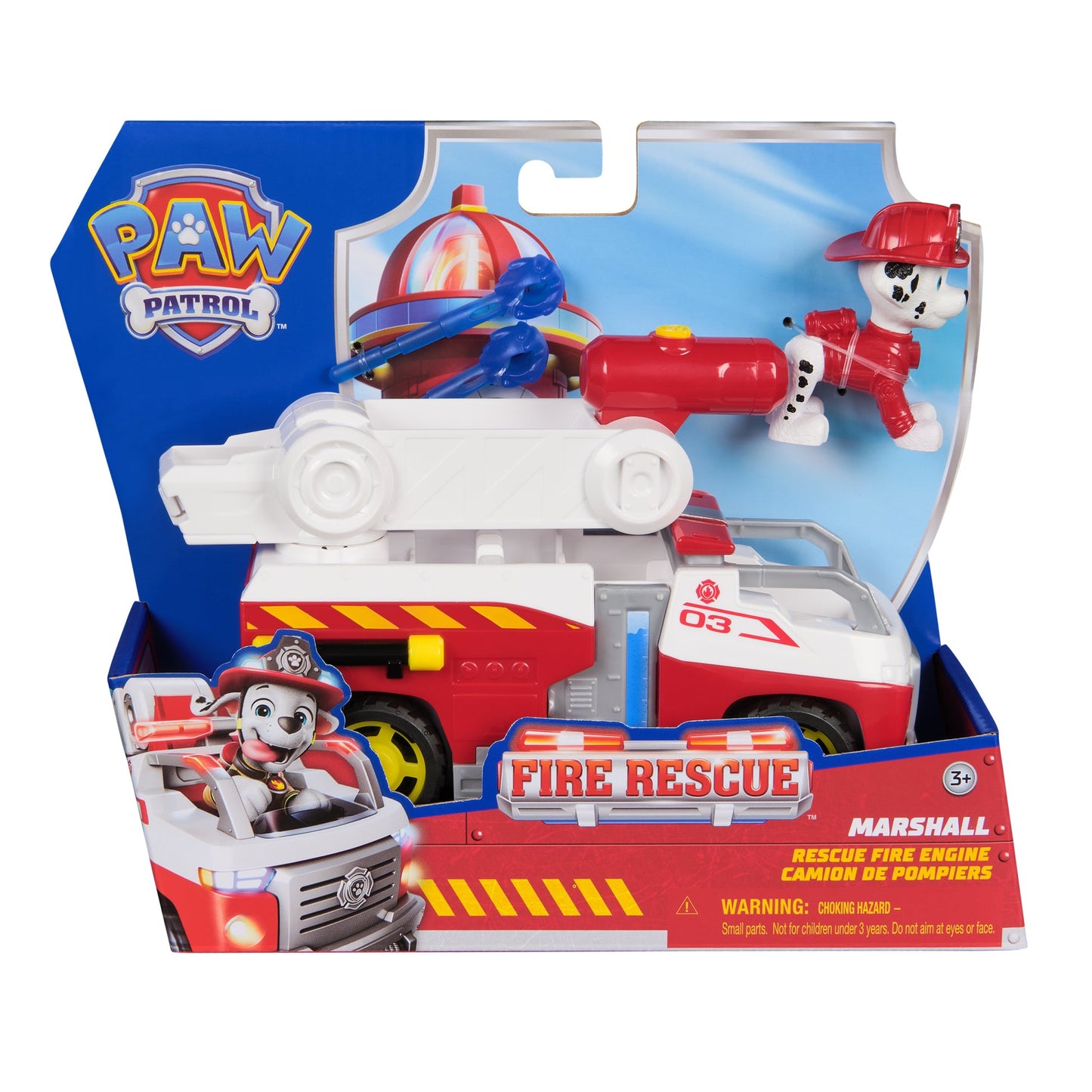 Paw Patrol Marshall Rescue Fire Engine toy in packaging, red and white fire truck with a ladder, and a dalmatian Marshall figure wearing a fire helmet