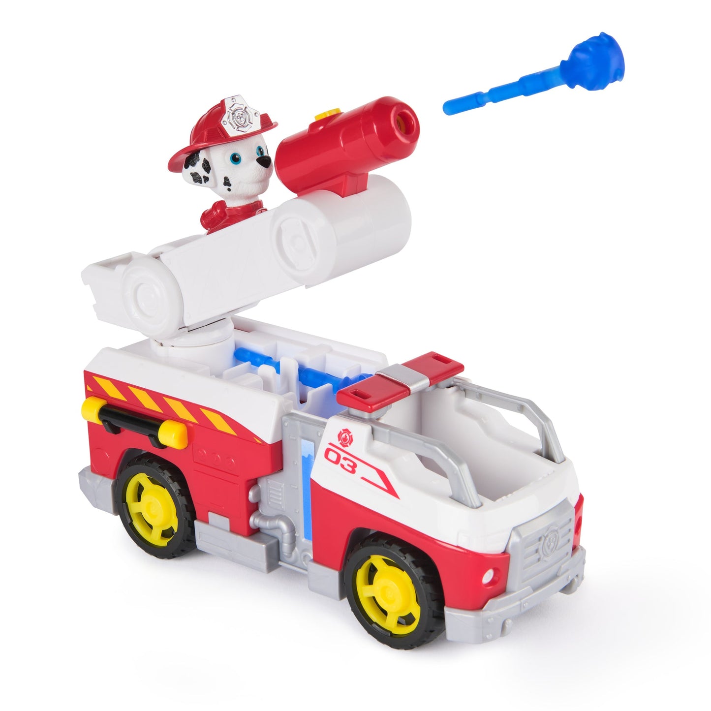 Paw Patrol Marshall dalmatian toy in a red fire hat on a red & white fire truck with a water cannon firing a blue projectile
