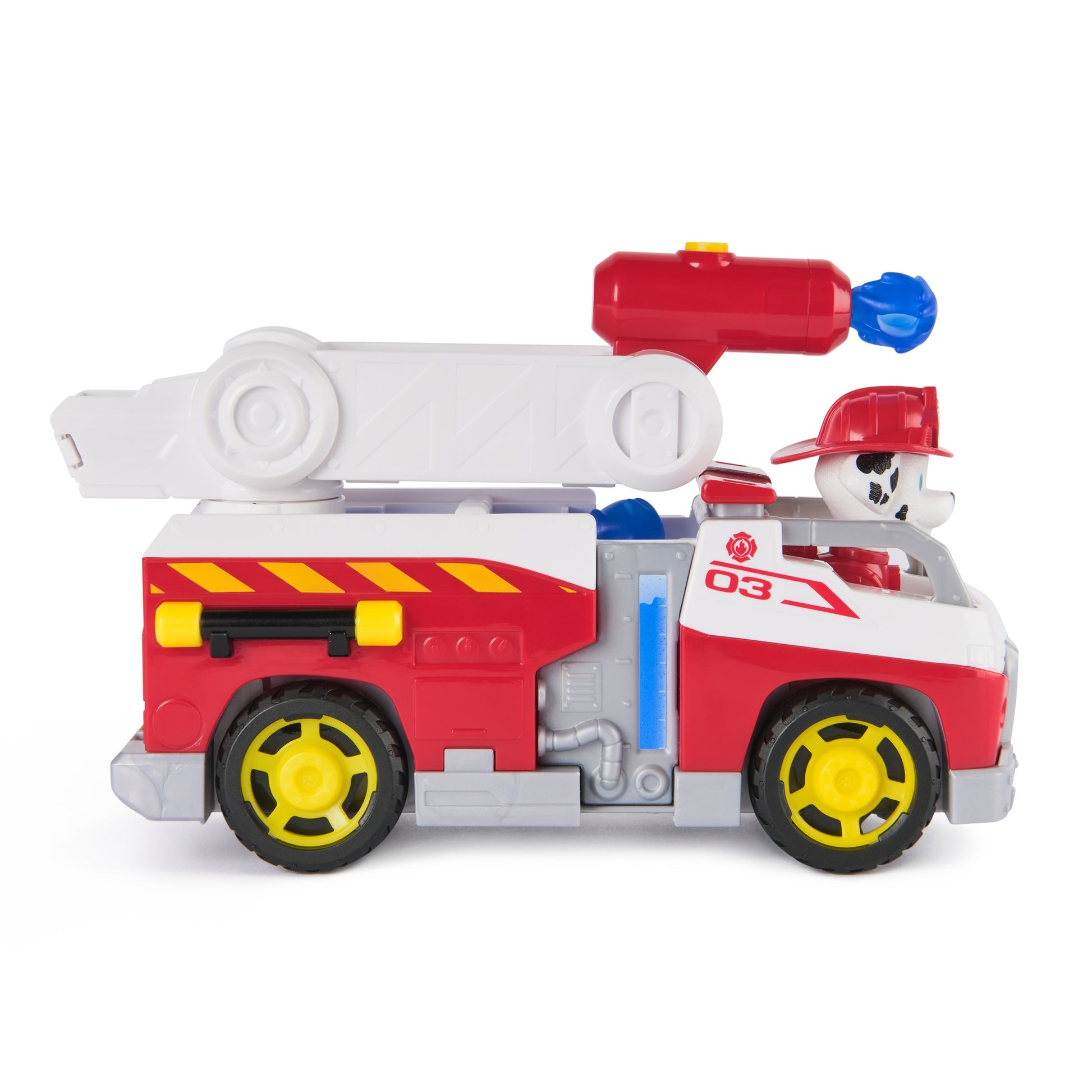Red and white toy fire truck with Marshall from Paw Patrol, wearing a red helmet, it has a white ladder, red water cannon, and yellow wheels